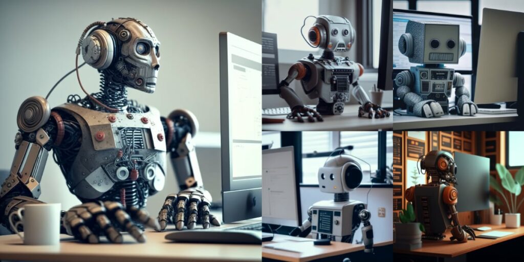 ai chatbot robot behind a desk generated midjourney